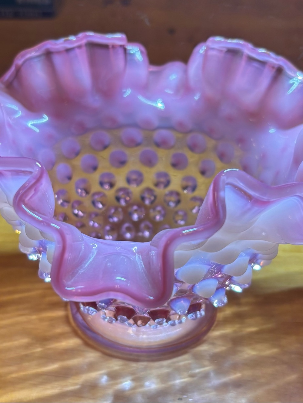 Fenton Pink Opalescent Ruffled Hobnail Glass Vase